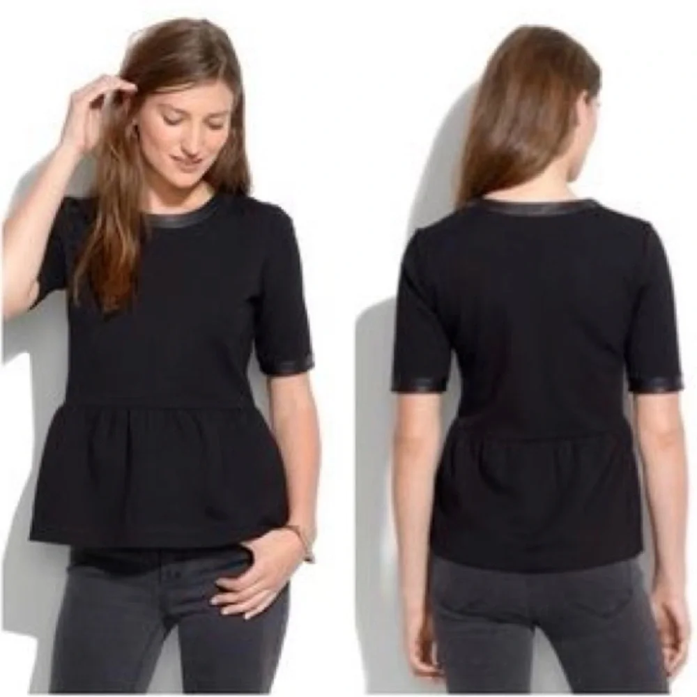 Madewell Black Short Sleeve Peplum leather accent Top. - Picture 2 of 6
